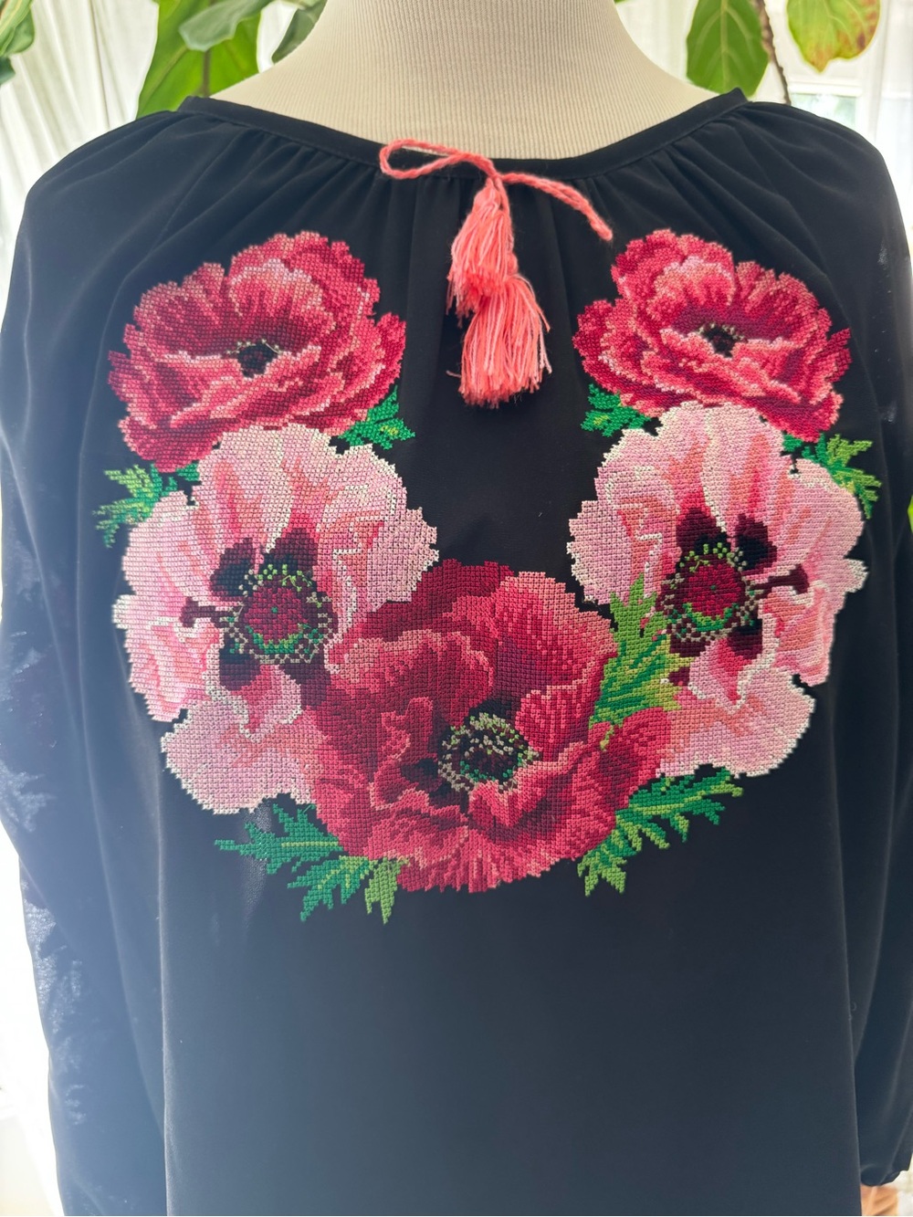 Vyshivanka Black Women’s Embroidered Floral Peasant Top - Pink & Red